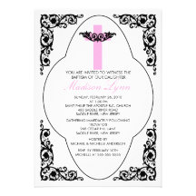 Invitación negra y rosada elegante del bautismo
