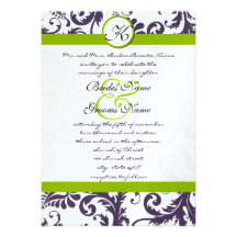 Invitación púrpura verde del boda del damasco de L