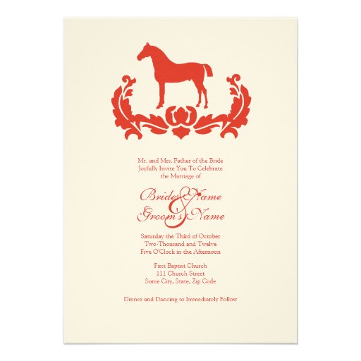 Invitación roja y blanca del boda del caballo del 