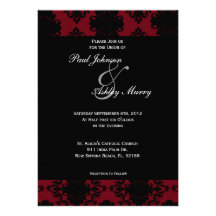 Invitación roja y negra del boda del damasco