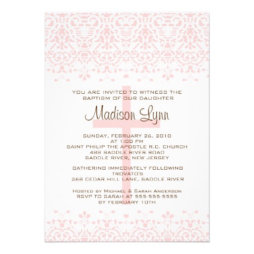 Invitación rosada del bautismo del damasco