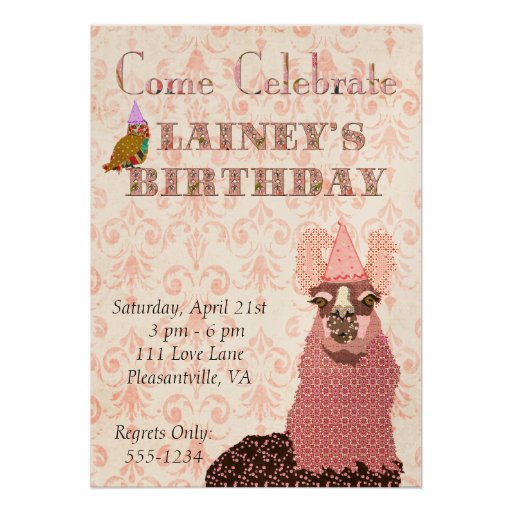 Invitación rosada del cumpleaños de la llama