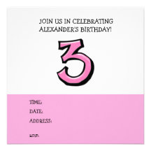 Invitación rosada del cumpleaños del número 3 tont