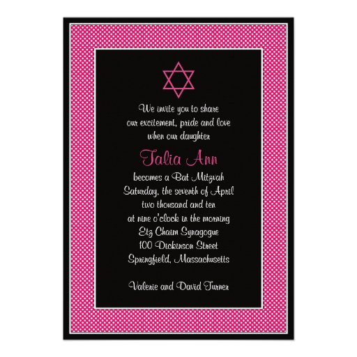 Invitación rosada y negra de Mitzvah del palo del 