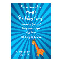 Invitaciones azules del cumpleaños de la jirafa de anuncio