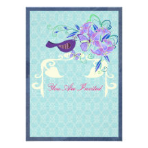 Invitaciones azules y rosadas del pájaro comunicados personalizados