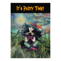 Invitaciones bruja y gato del fiesta de Halloween Comunicados
