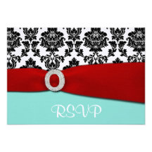 Invitaciones de boda azules y rojas de RSVP Comunicado Personalizado