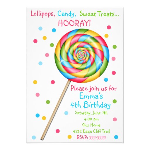 Invitaciones dulces del cumpleaños del Lollipop de Comunicados Personales
