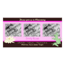 Invitaciones rosadas de la rana y del nacimiento d plantilla para tarjeta de foto