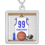 Jersey azul blanco personalizado del baloncesto joyerias