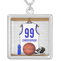 Jersey azul blanco personalizado del baloncesto joyerias