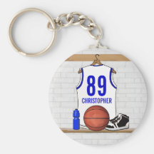 Jersey azul blanco personalizado del baloncesto llavero personalizado