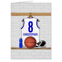 Jersey azul blanco personalizado del baloncesto felicitaciones