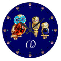 JEWEL el oro del monograma de los BÚHOS, topaz azu Relojes De Pared