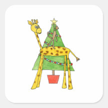 Jirafa, mono y árbol de navidad colcomanias cuadradas personalizadas