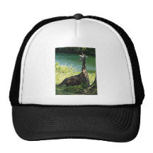 Jirafa que se sienta debajo de un parque zoológico gorra