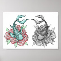 Kois en la impresión de la lona de las rosas impresiones