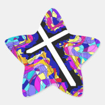 La cruz en fondo vibrante calcomanía forma de estrella personalizada