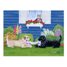Labradors en la pintura del jardín tarjeta postal