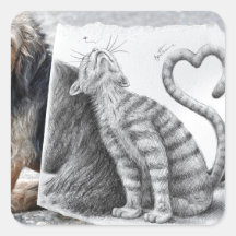 Lápiz contra cámara - perro y gato calcomanía cuadrada personalizada