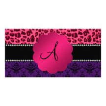 Leopardo púrpura del rosa del damasco del monogram tarjeta con foto personalizada