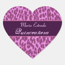 Leopardo rosado y púrpura Quinceanera Pegatina Corazón