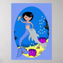Lifen el poster azul de la sirena y del delfín