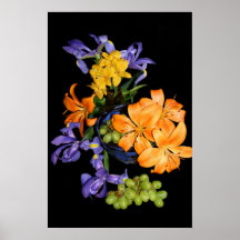Lirios, iris y uvas posters