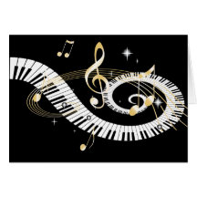 Llaves del piano y notas de oro de la música felicitación