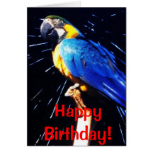 Loro azul con la tarjeta de felicitaciones del fel