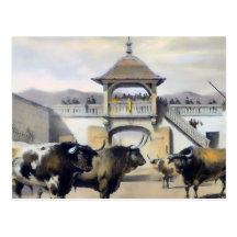Los toros en el corral de la plaza postal