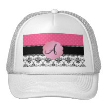 Lunares blancos del rosa del damasco del monograma gorros  