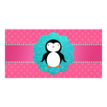 Lunares de lujo del rosa del pingüino tarjeta fotografica personalizada
