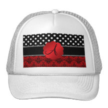 Lunares rojos del negro del damasco del monograma gorras