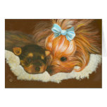 Mamá de Yorkshire Terrier con las tarjetas de nota