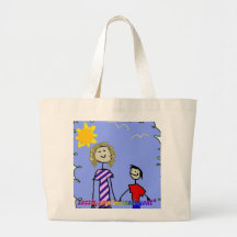 Mamá e hijo hacia fuera para un paseo bolsas