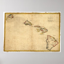 Mapa 1837 de las islas hawaianas de Hawaii Poster