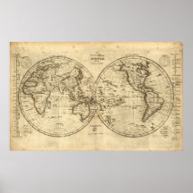 Mapa 1840 del mundo poster