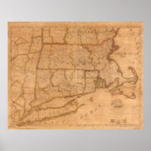 Mapa 1843 de Massachusetts Connecticut Rhode Islan Posters
