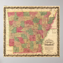 Mapa 1866 de Arkansas Poster