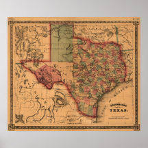 Mapa 1866 de Tejas Poster