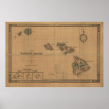 Mapa 1876 de las islas hawaianas de Hawaii Poster