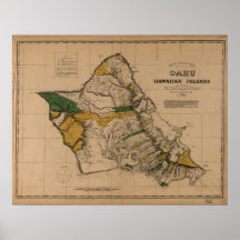 Mapa 1881 de Oahu, islas hawaianas Posters