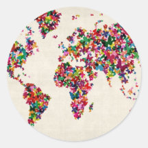 Mapa de las mariposas del mapa del mundo etiquetas redondas
