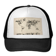 Mapa del mapa del mundo de los relojes viejos gorras de camionero