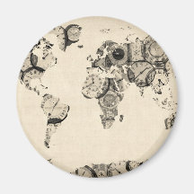 Mapa del mapa del mundo de los relojes viejos imán