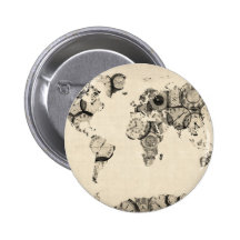 Mapa del mapa del mundo de los relojes viejos pins