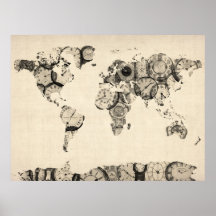 Mapa del mapa del mundo de los relojes viejos posters