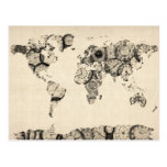 Mapa del mapa del mundo de los relojes viejos postales